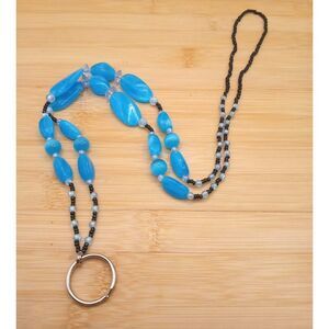 VTG Ice Blue Lucite Funky Beaded Lanyard w Black and White Seed Beads